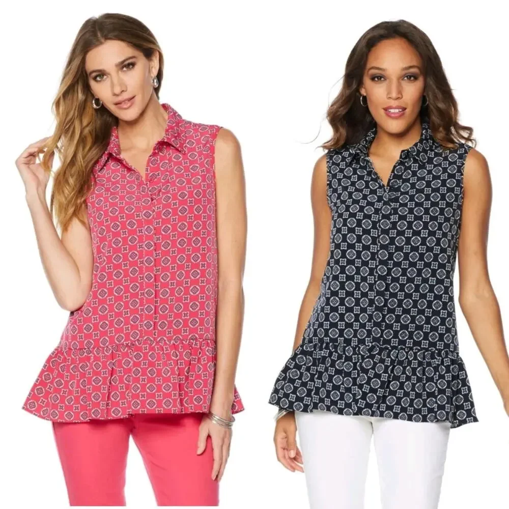 DG2 Diane Gilman Foulard Print Sleeveless Peplum Tunic Blouse Lot of 2 Size XL